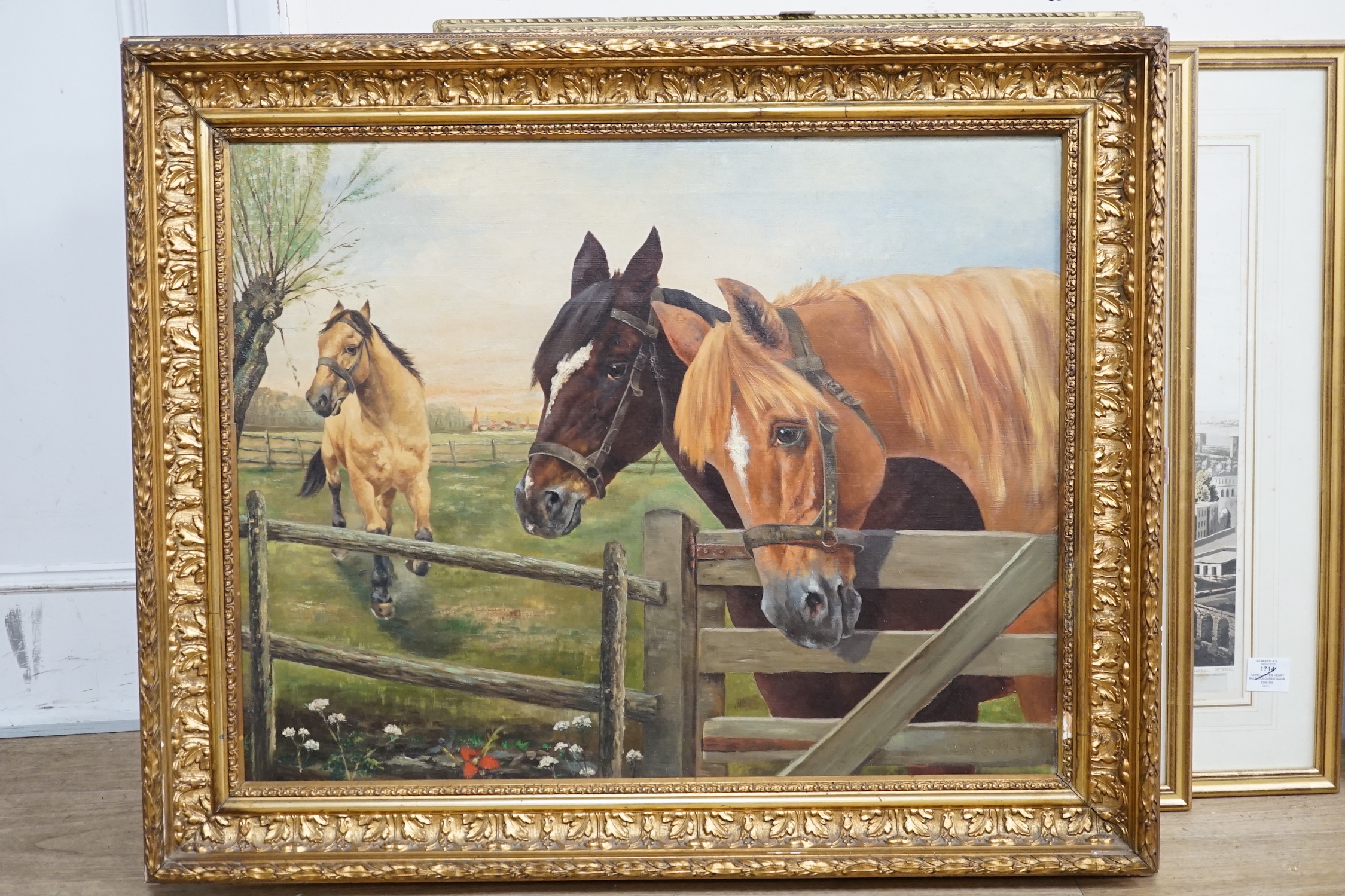 A. Muller, oil on canvas, Study of three horses at a farm gate, signed, 54 x 70cm